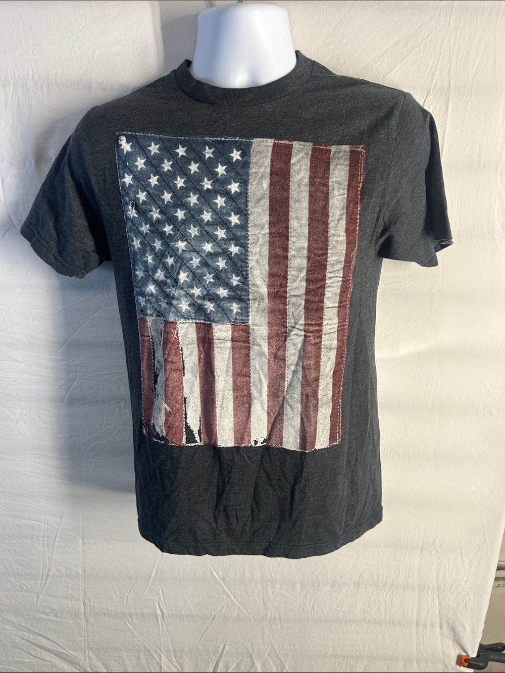Well Worn Men's Charcoal Tee with Distressed American Flag Graphic